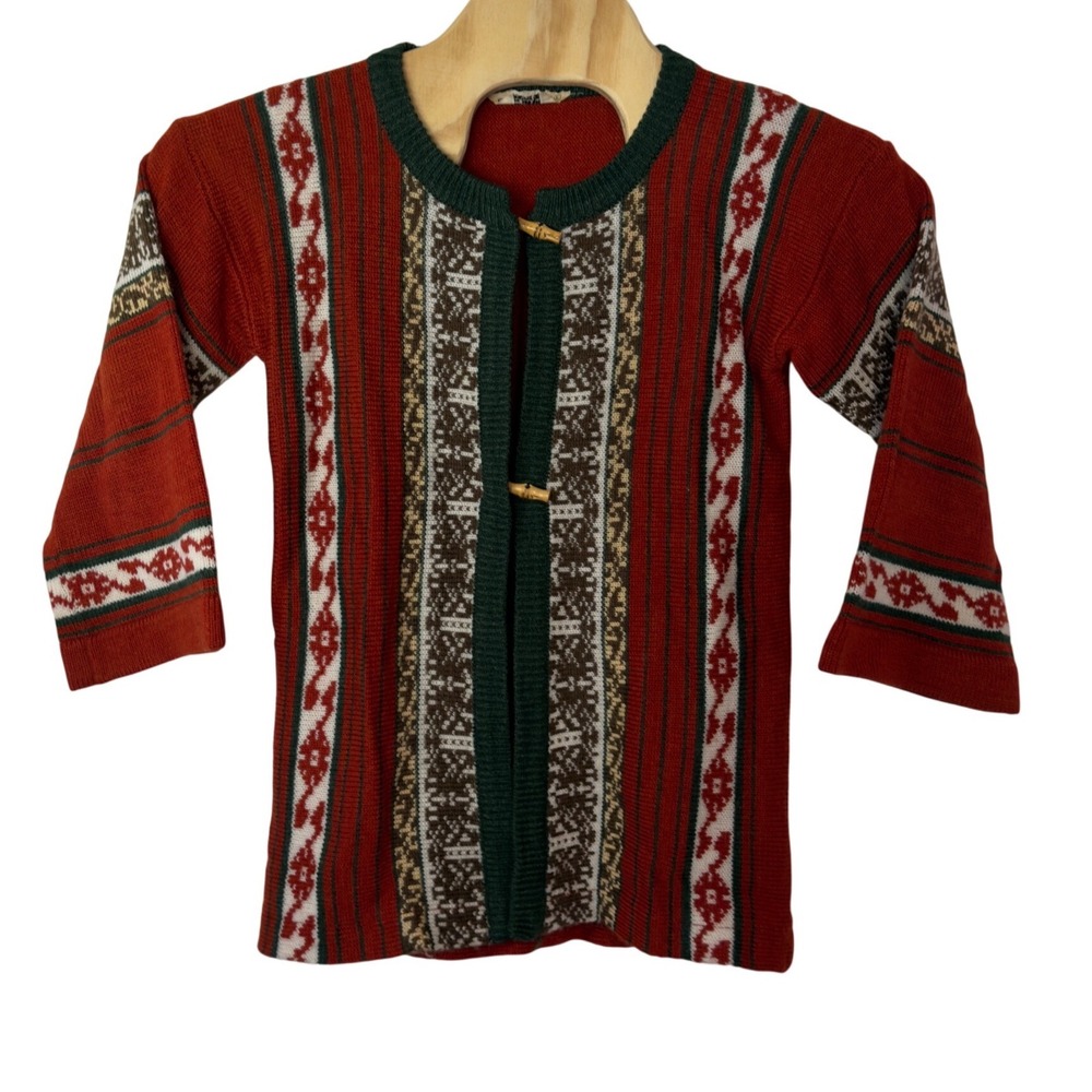 Vintage 70s Kmart Bohemian Fair Isle Knit Cardigan Size L Wooden Toggle Buttons